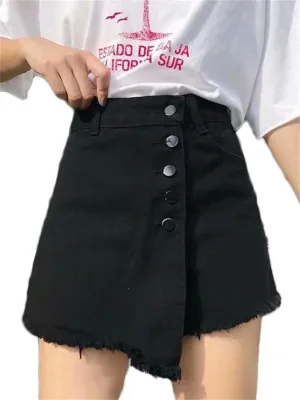 Andongnywell Women's High Waisted Button Front Denim Skort Asymmetrical Hem Skirt Shorts Adjustable Fork