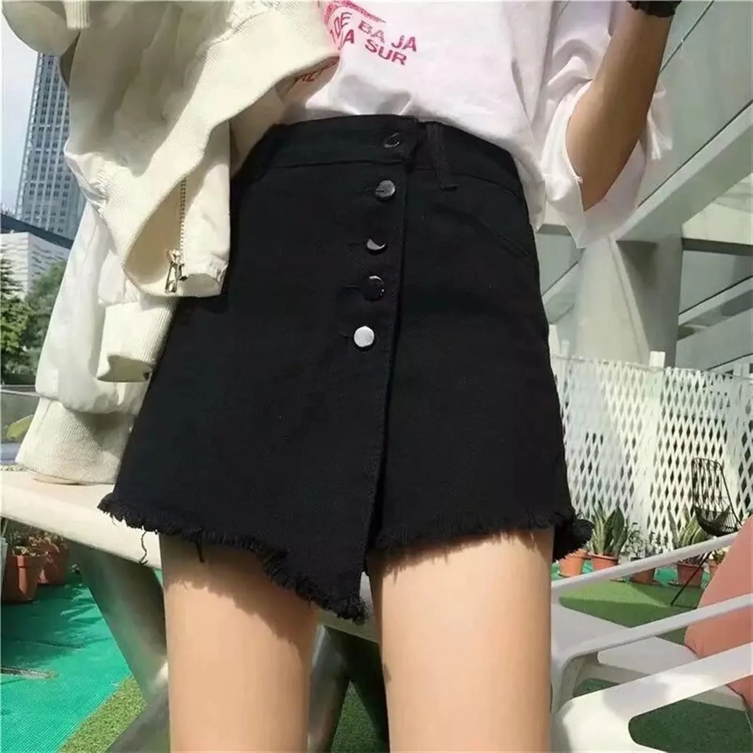 Andongnywell Women's High Waisted Button Front Denim Skort Asymmetrical Hem Skirt Shorts Adjustable Fork