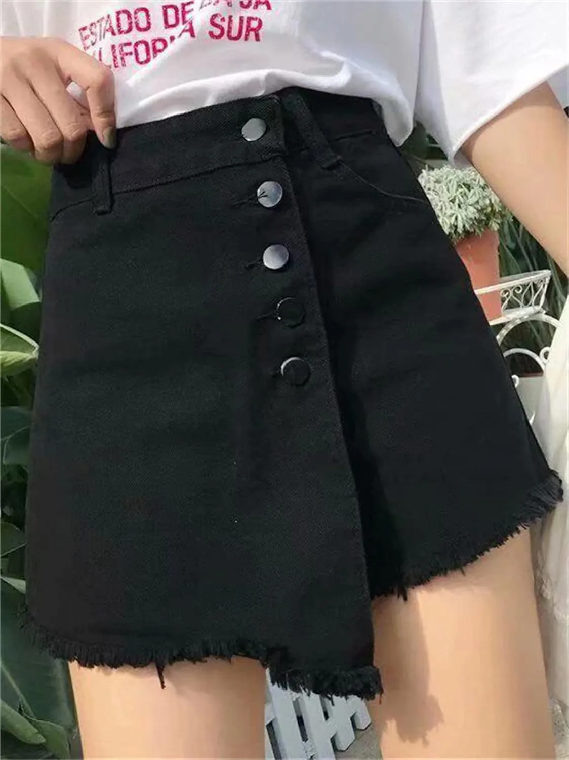 Andongnywell Women's High Waisted Button Front Denim Skort Asymmetrical Hem Skirt Shorts Adjustable Fork