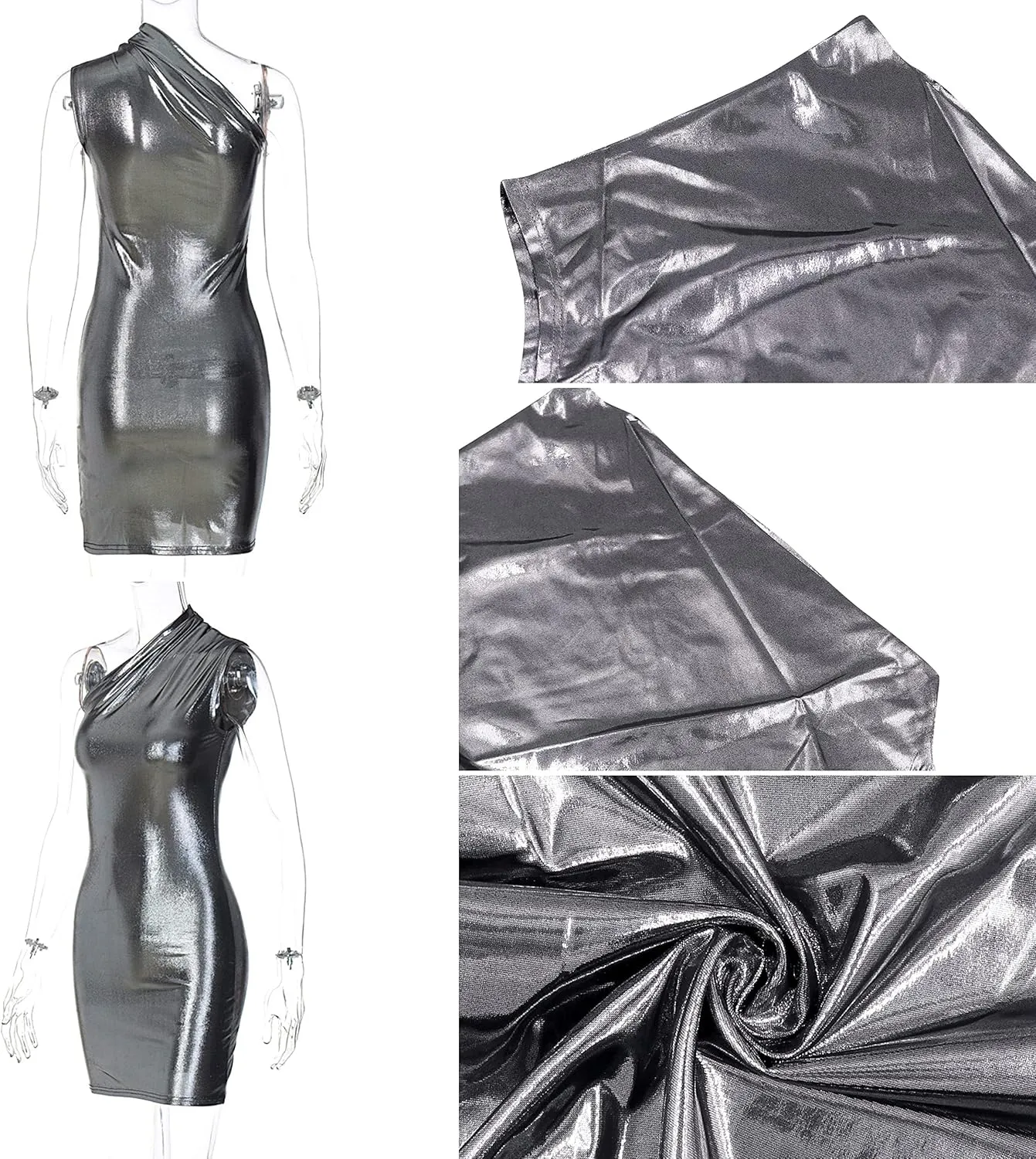 ANKOMINA Women's Sexy Metallic One Shoulder Mini Dress Shiny Sleeveless Bodycon Dresses for Party Club Cocktail