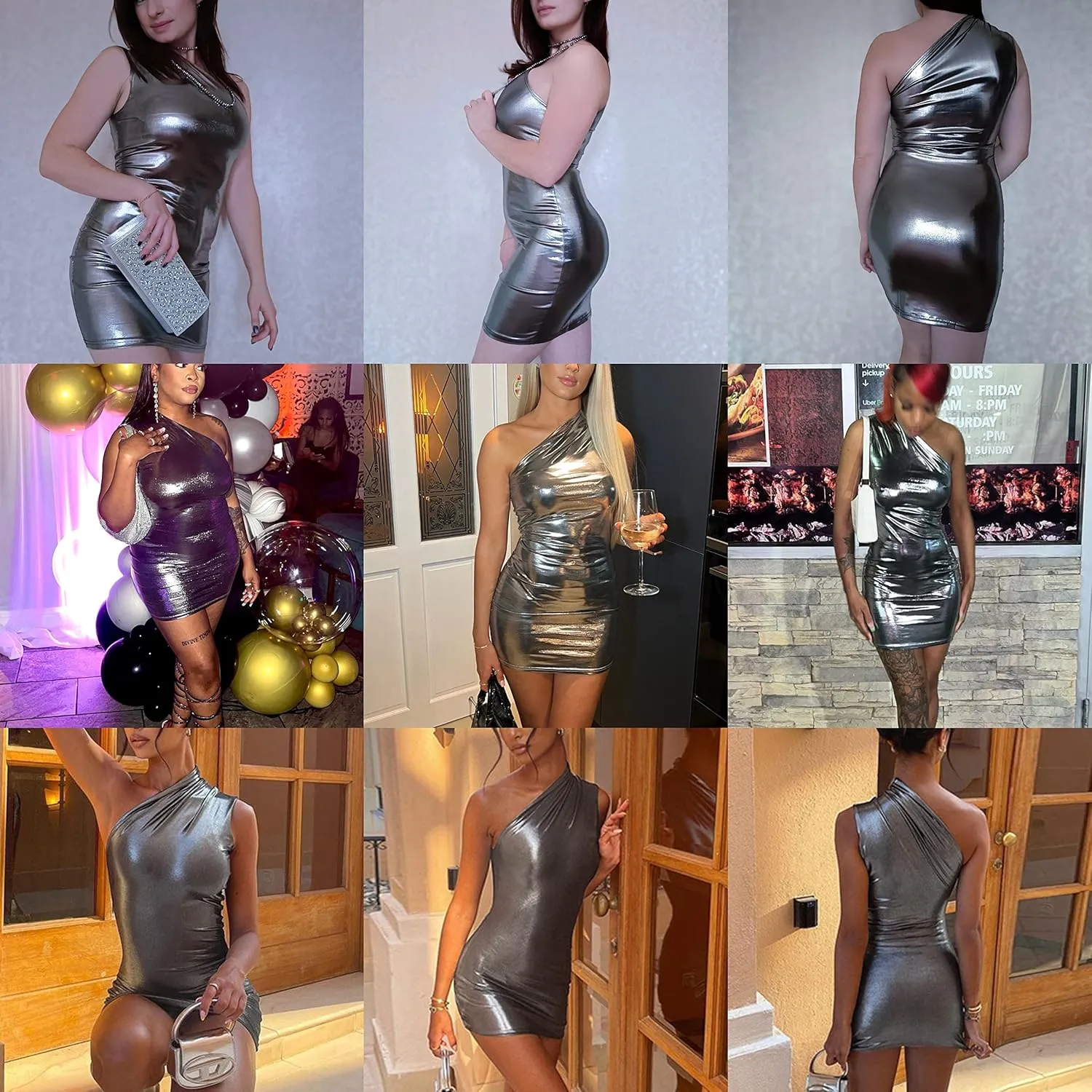 ANKOMINA Women's Sexy Metallic One Shoulder Mini Dress Shiny Sleeveless Bodycon Dresses for Party Club Cocktail
