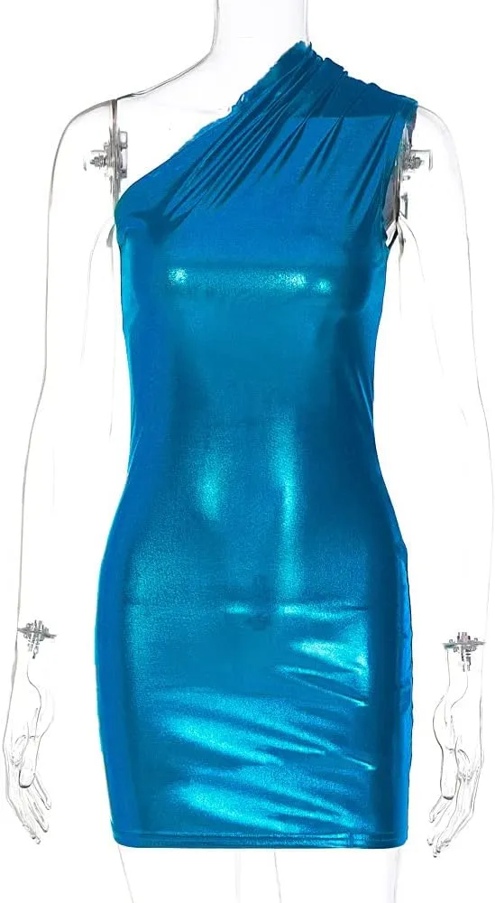 ANKOMINA Women's Sexy Metallic One Shoulder Mini Dress Shiny Sleeveless Bodycon Dresses for Party Club Cocktail