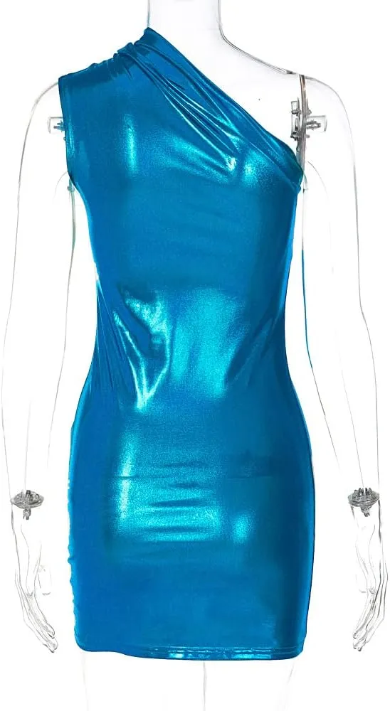 ANKOMINA Women's Sexy Metallic One Shoulder Mini Dress Shiny Sleeveless Bodycon Dresses for Party Club Cocktail