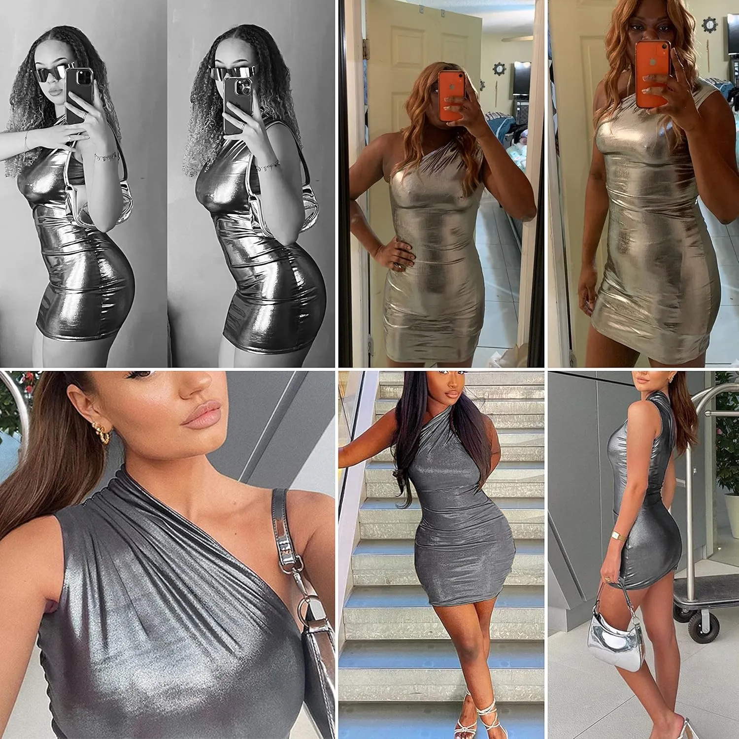 ANKOMINA Women's Sexy Metallic One Shoulder Mini Dress Shiny Sleeveless Bodycon Dresses for Party Club Cocktail