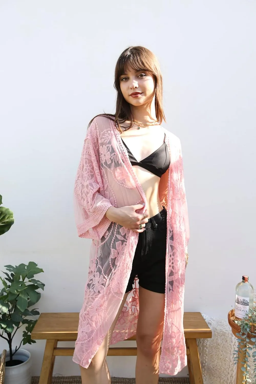 Anna-Kaci Women's Long Embroidered Lace Kimono Half Sleeve Cover Up Cardigan