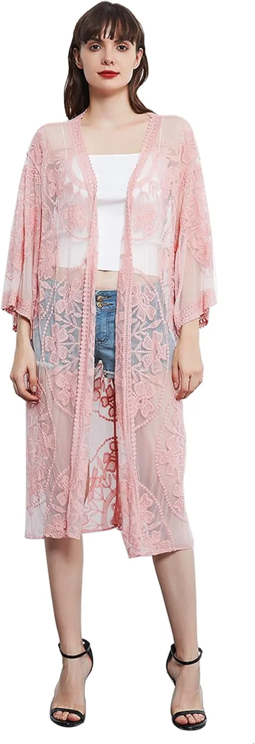Anna-Kaci Women's Long Embroidered Lace Kimono Half Sleeve Cover Up Cardigan