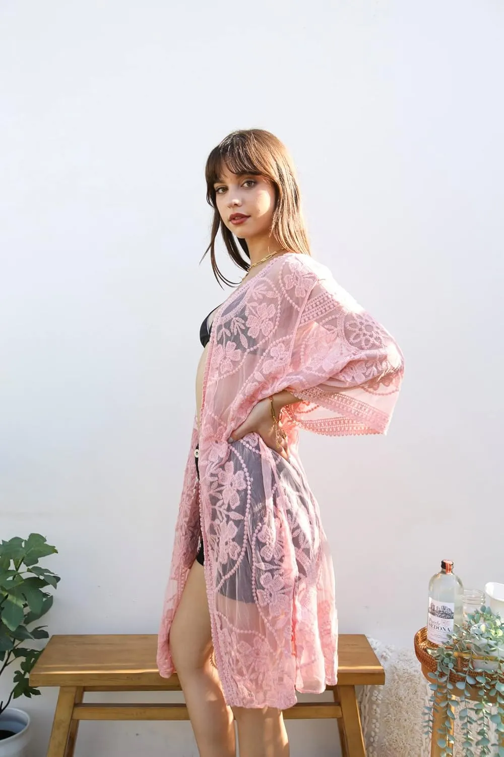 Anna-Kaci Women's Long Embroidered Lace Kimono Half Sleeve Cover Up Cardigan