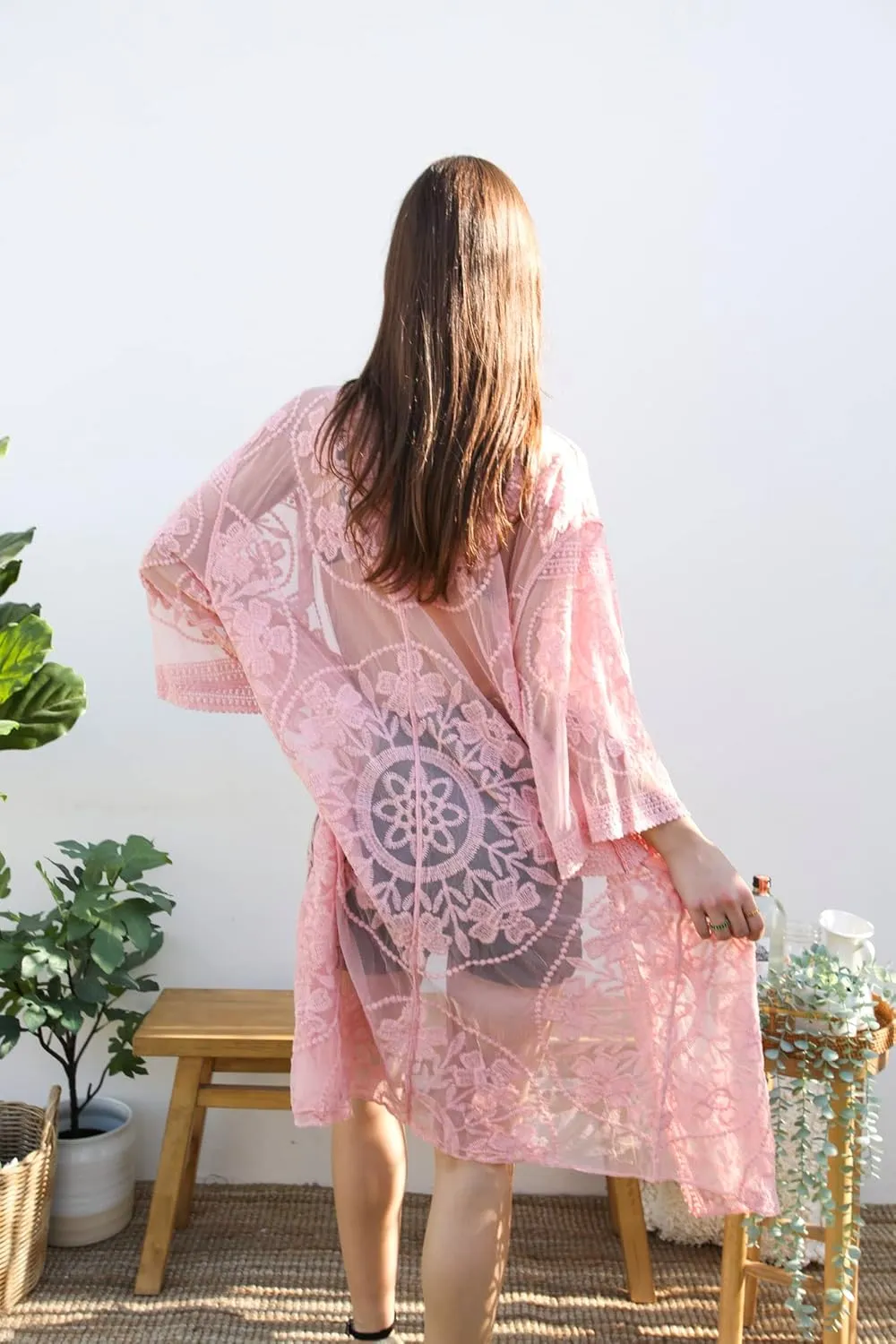 Anna-Kaci Women's Long Embroidered Lace Kimono Half Sleeve Cover Up Cardigan