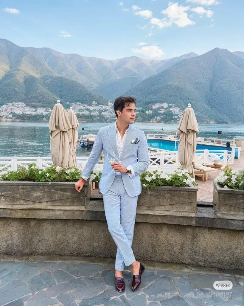 Aowdoy Blue Seersucker Suits 2 Piece Casual Summer Beach Men Suits Wedding Grooms Jacket Pants Striped Suit Set