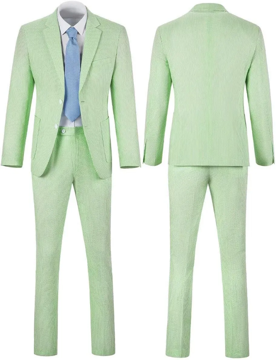 Aowdoy Blue Seersucker Suits 2 Piece Casual Summer Beach Men Suits Wedding Grooms Jacket Pants Striped Suit Set