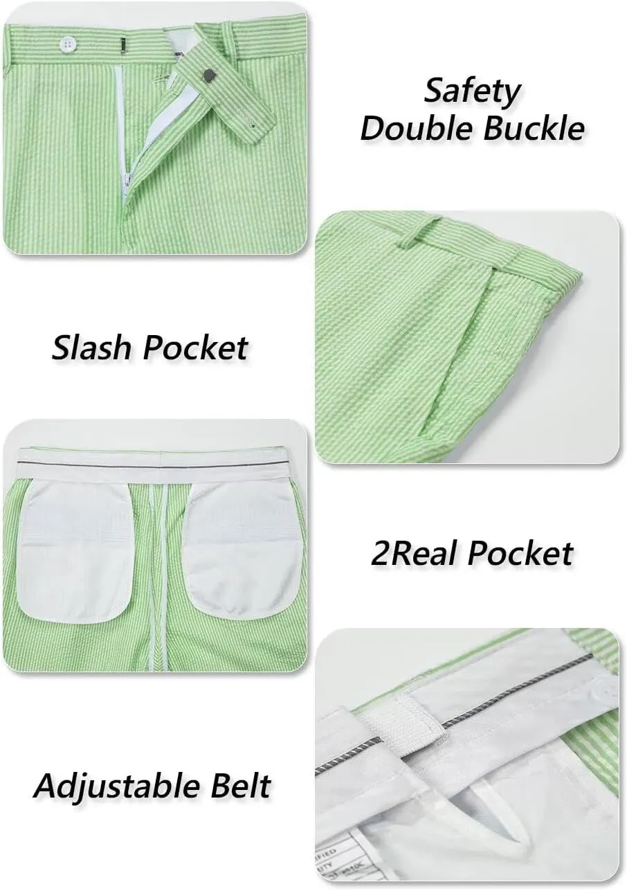 Aowdoy Blue Seersucker Suits 2 Piece Casual Summer Beach Men Suits Wedding Grooms Jacket Pants Striped Suit Set