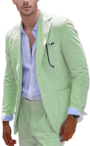 Aowdoy Blue Seersucker Suits 2 Piece Casual Summer Beach Men Suits Wedding Grooms Jacket Pants Striped Suit Set