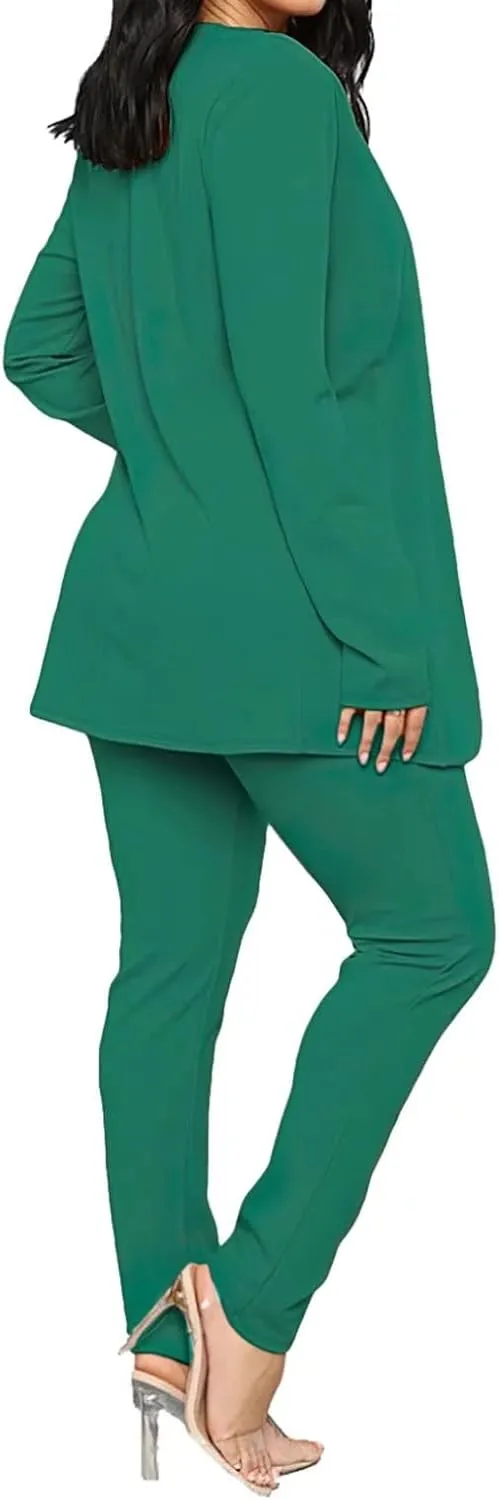 Aro Lora Women's 2 Piece Outfit Casual Solid Open Front Blazer and Pencil Pant Suits Set