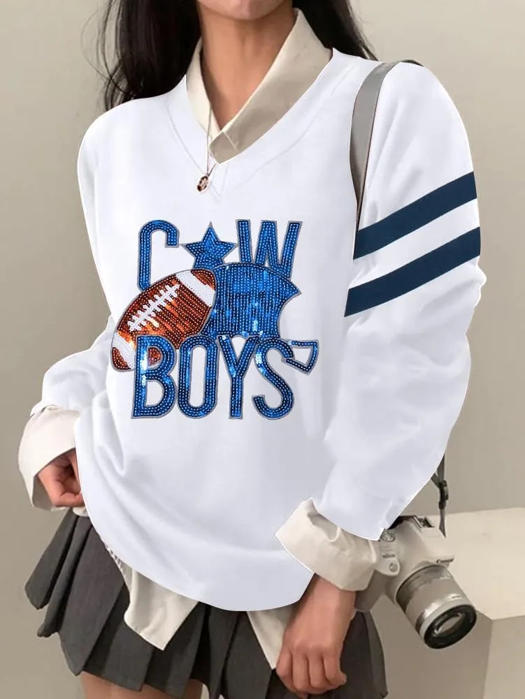 ASTANFY Game Day Sweatshirt Women Sequin Football Sweatshirts Vintage Sunday Funday Graphic Sweater Gameday Long Sleeve Shirt
