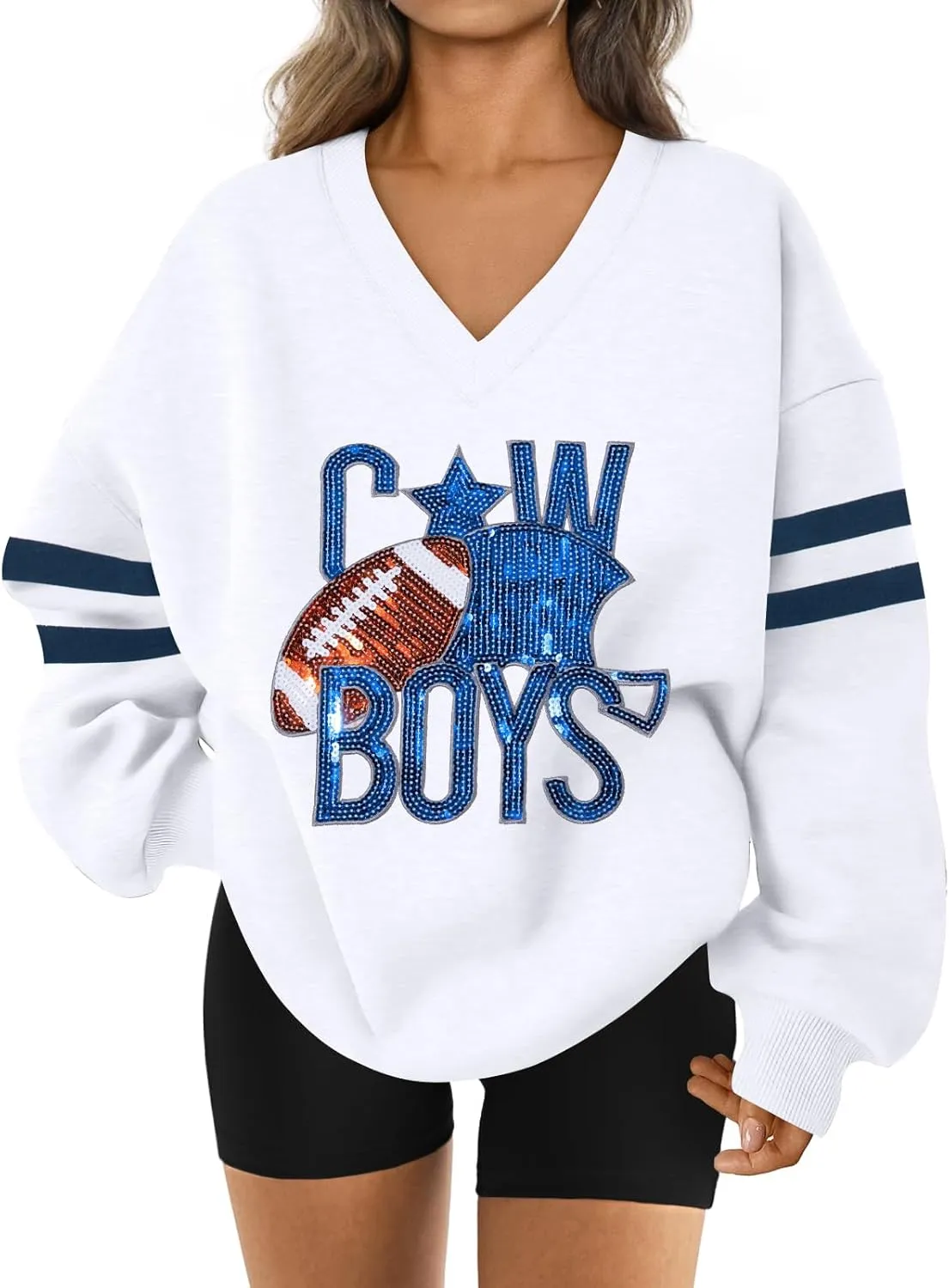 ASTANFY Game Day Sweatshirt Women Sequin Football Sweatshirts Vintage Sunday Funday Graphic Sweater Gameday Long Sleeve Shirt