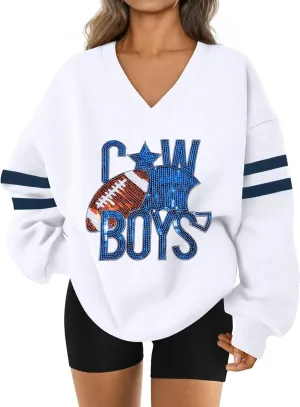 ASTANFY Game Day Sweatshirt Women Sequin Football Sweatshirts Vintage Sunday Funday Graphic Sweater Gameday Long Sleeve Shirt