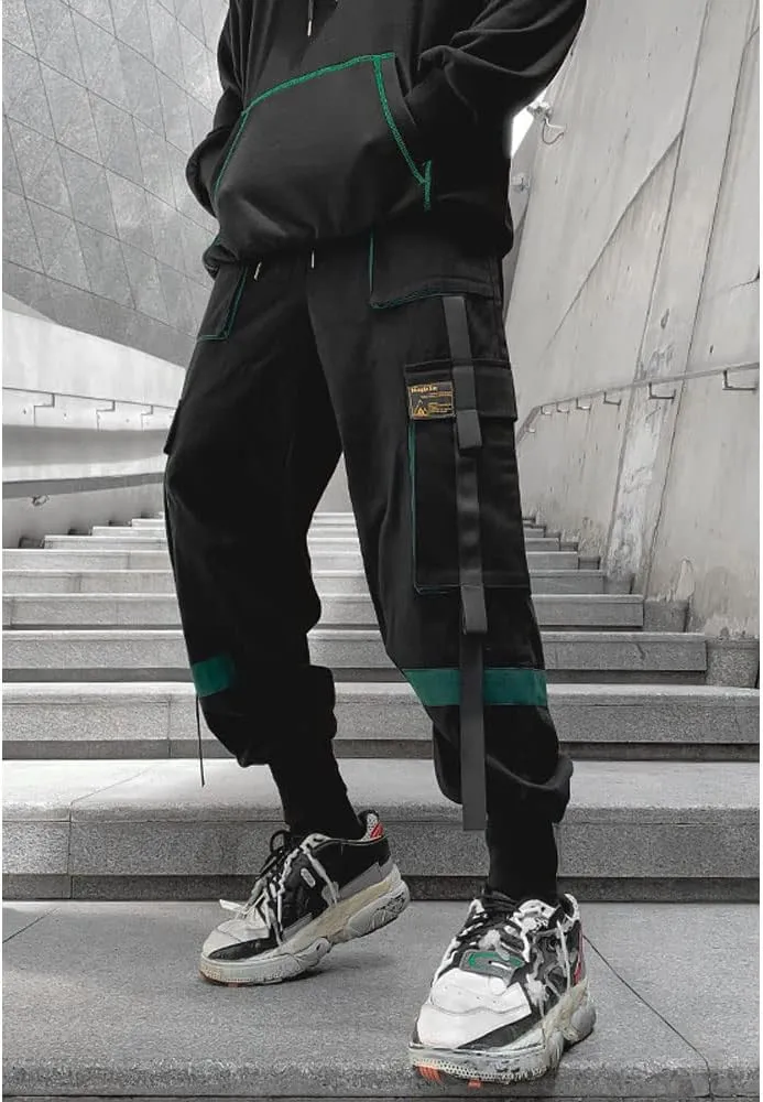 Astellarie Mens Techwear Elastic Waist Jogger Cargo Pants Streetwear Hip Hop Harem Pants with Multi Pockets