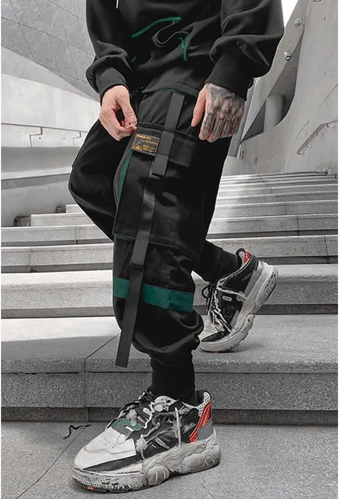 Astellarie Mens Techwear Elastic Waist Jogger Cargo Pants Streetwear Hip Hop Harem Pants with Multi Pockets