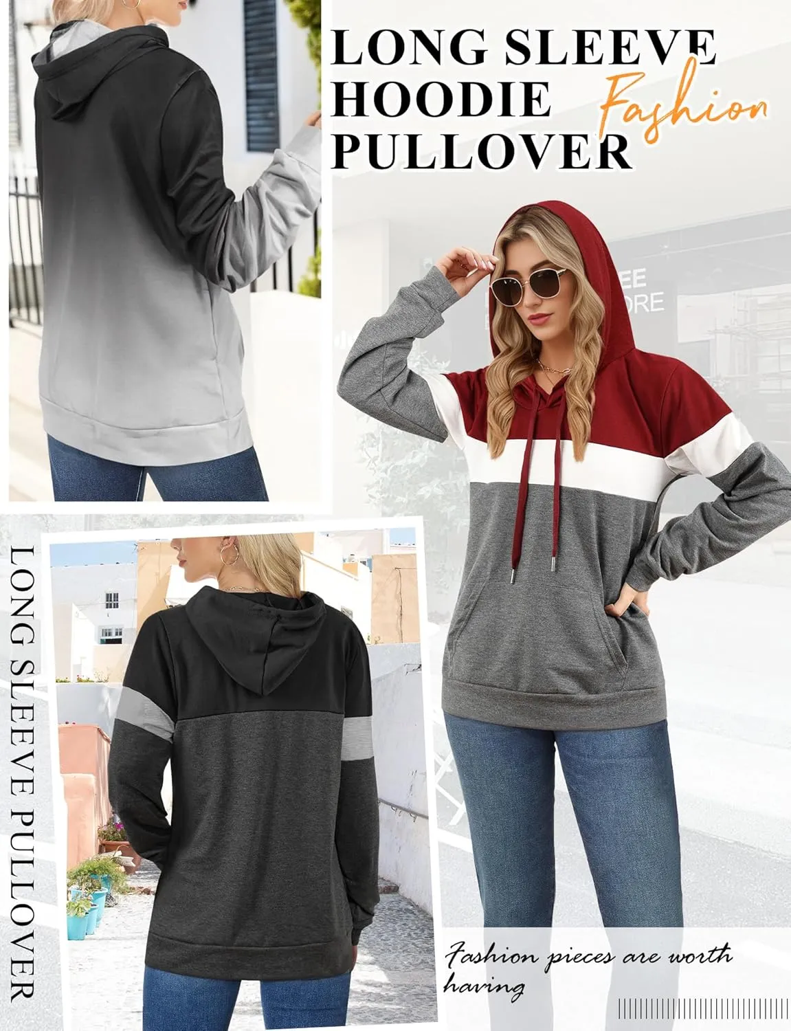 AURUZA Hoodies for Women with Pocket, Long Sleeve Sweatshirt Women Pullover, Causal Loose Fit Pullover Tunic Top Fall Clothes