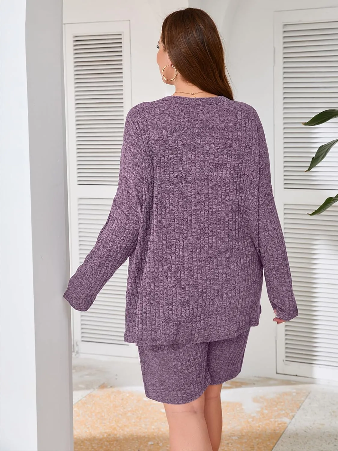 AusLook Women's Plus Size Lounge Pajamas Sets 2 Piece Ribbed Knit Long Sleeve Top and Shorts Outfits Loungewear Sweatsuit
