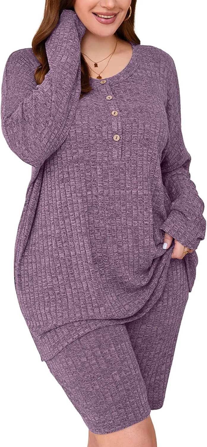 AusLook Women's Plus Size Lounge Pajamas Sets 2 Piece Ribbed Knit Long Sleeve Top and Shorts Outfits Loungewear Sweatsuit