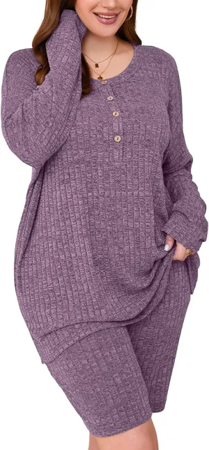 AusLook Women's Plus Size Lounge Pajamas Sets 2 Piece Ribbed Knit Long Sleeve Top and Shorts Outfits Loungewear Sweatsuit