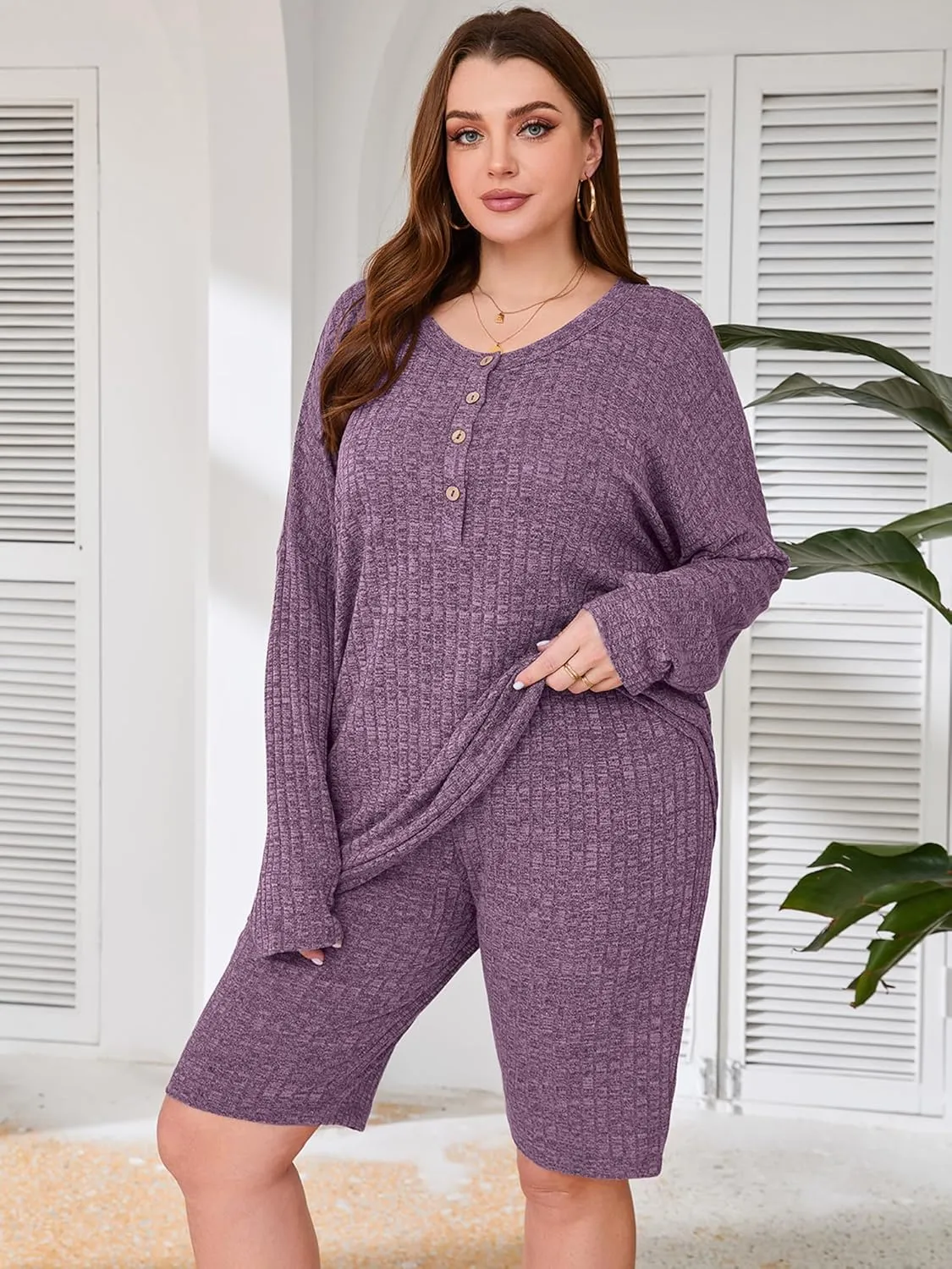 AusLook Women's Plus Size Lounge Pajamas Sets 2 Piece Ribbed Knit Long Sleeve Top and Shorts Outfits Loungewear Sweatsuit