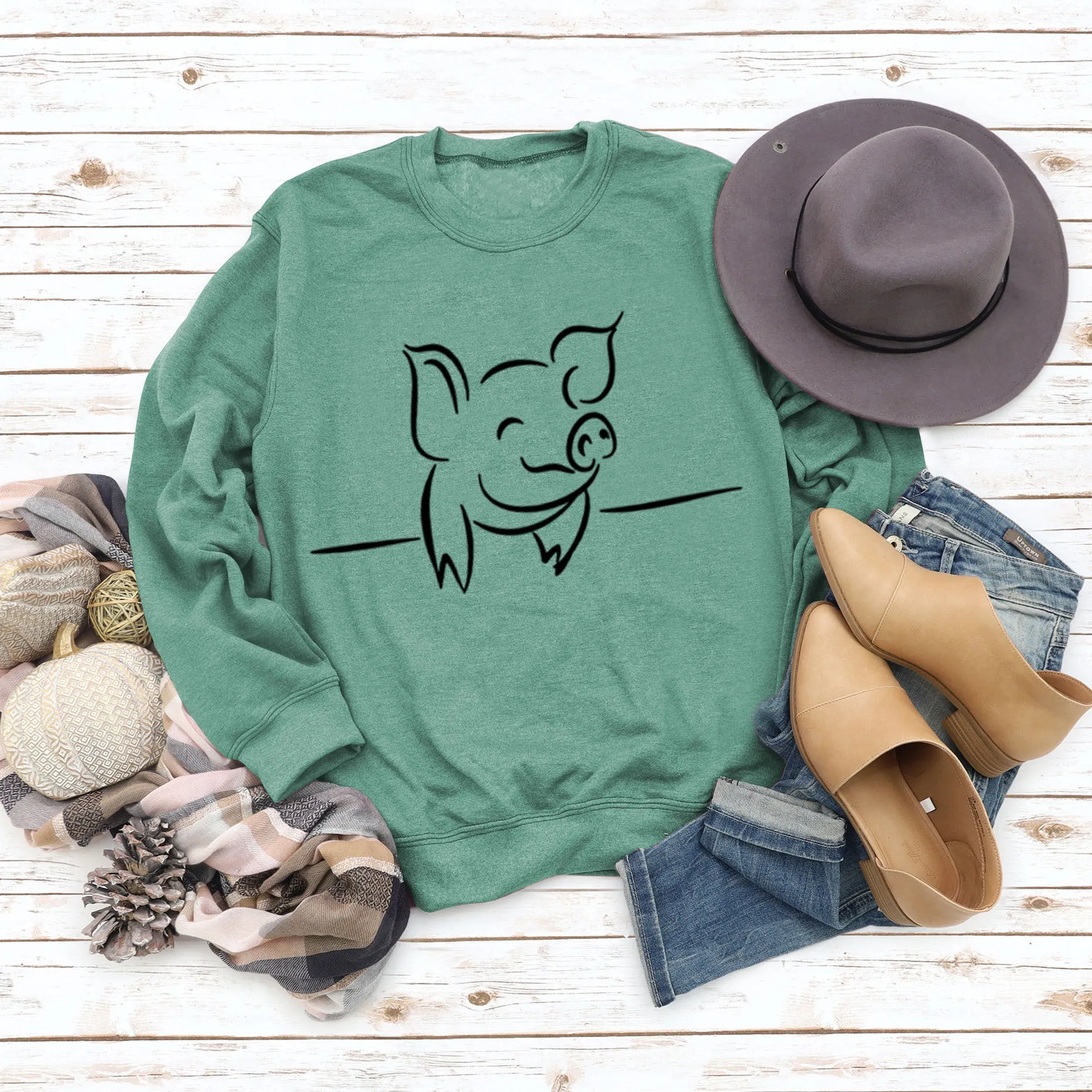 Autumn and Winter Womens Tops Cute Pig Print Casual Round Neck Sweater