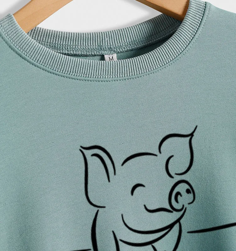 Autumn and Winter Womens Tops Cute Pig Print Casual Round Neck Sweater
