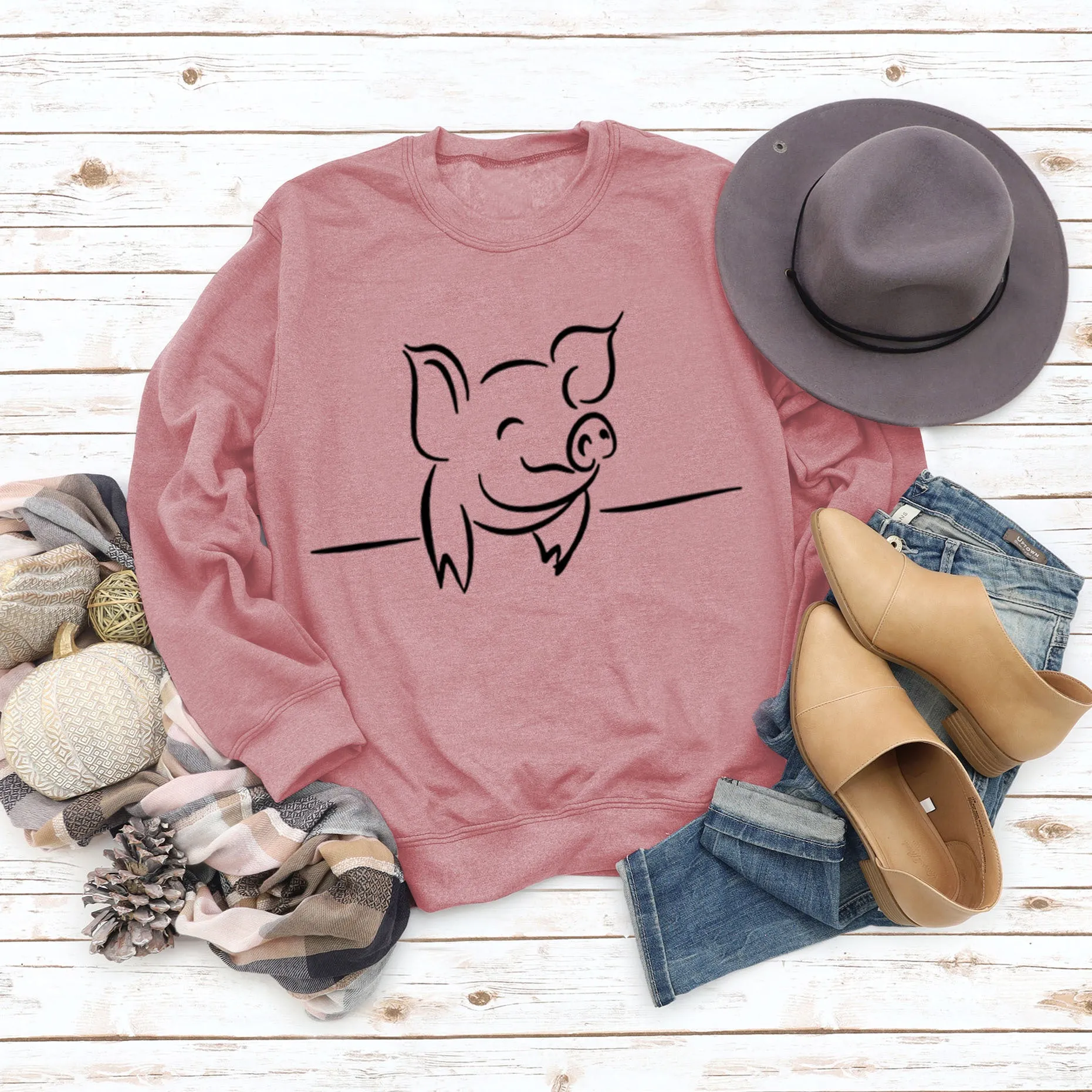 Autumn and Winter Womens Tops Cute Pig Print Casual Round Neck Sweater