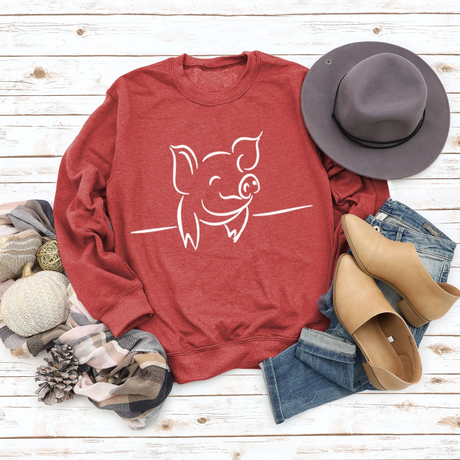 Autumn and Winter Womens Tops Cute Pig Print Casual Round Neck Sweater