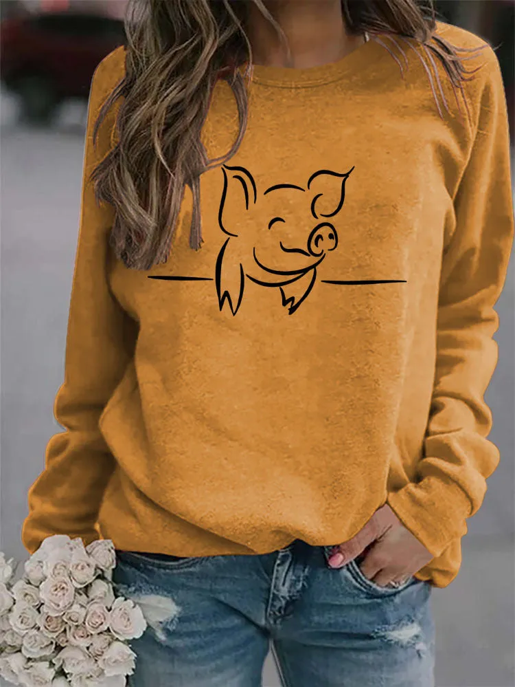 Autumn and Winter Womens Tops Cute Pig Print Casual Round Neck Sweater