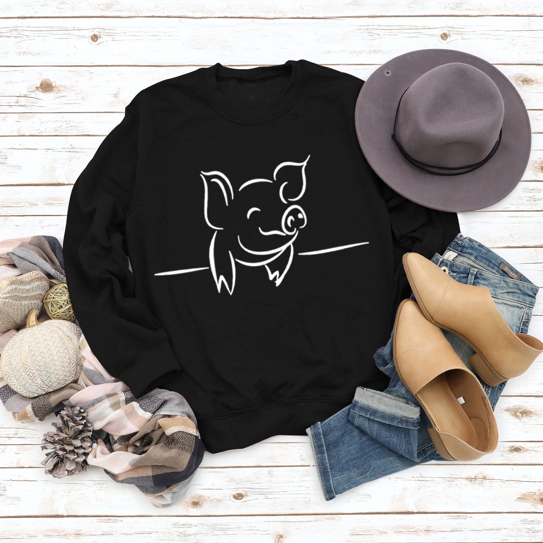 Autumn and Winter Womens Tops Cute Pig Print Casual Round Neck Sweater