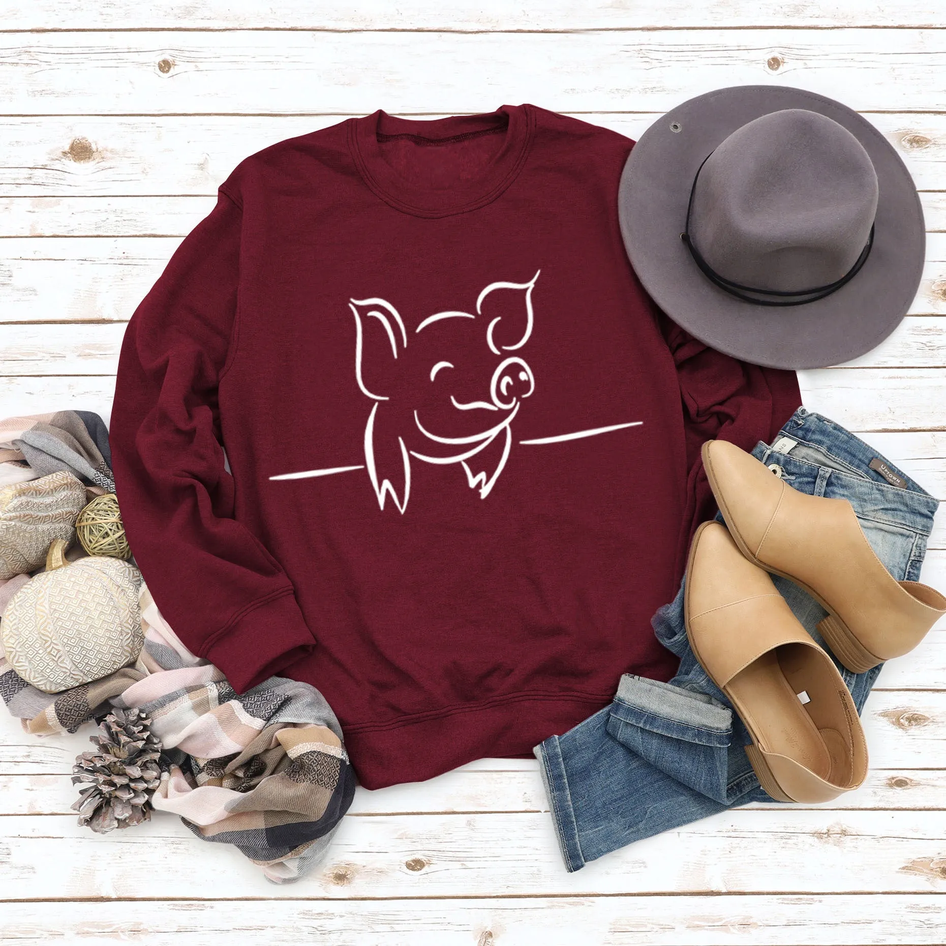 Autumn and Winter Womens Tops Cute Pig Print Casual Round Neck Sweater