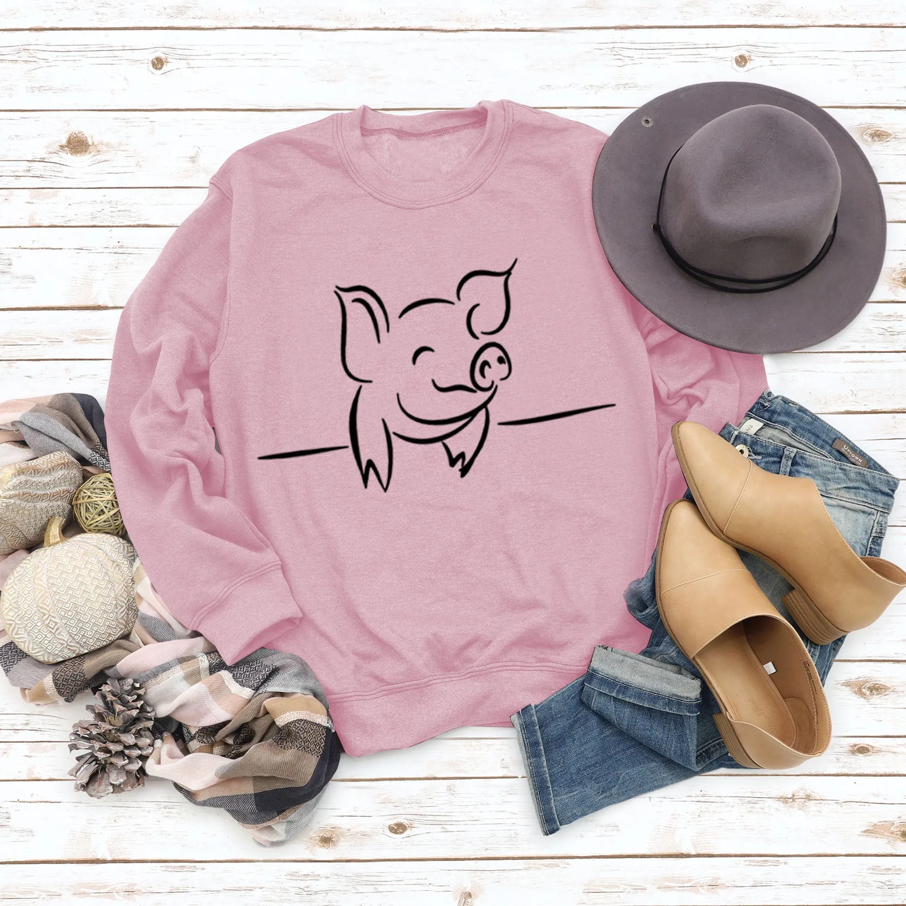 Autumn and Winter Womens Tops Cute Pig Print Casual Round Neck Sweater