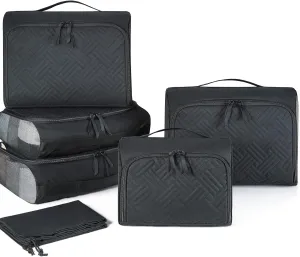 BAGSMART Quilted Packing Cubes for Travel, 6 Set Packing Cubes for Suitcases, Lightweight Travel Cubes (1 L 3 M 1 S 1 Shoe Bag) Suitcases Organizer, Black