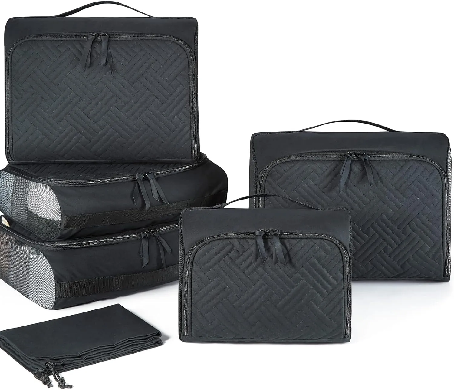 BAGSMART Quilted Packing Cubes for Travel, 6 Set Packing Cubes for Suitcases, Lightweight Travel Cubes (1 L 3 M 1 S 1 Shoe Bag) Suitcases Organizer, Black