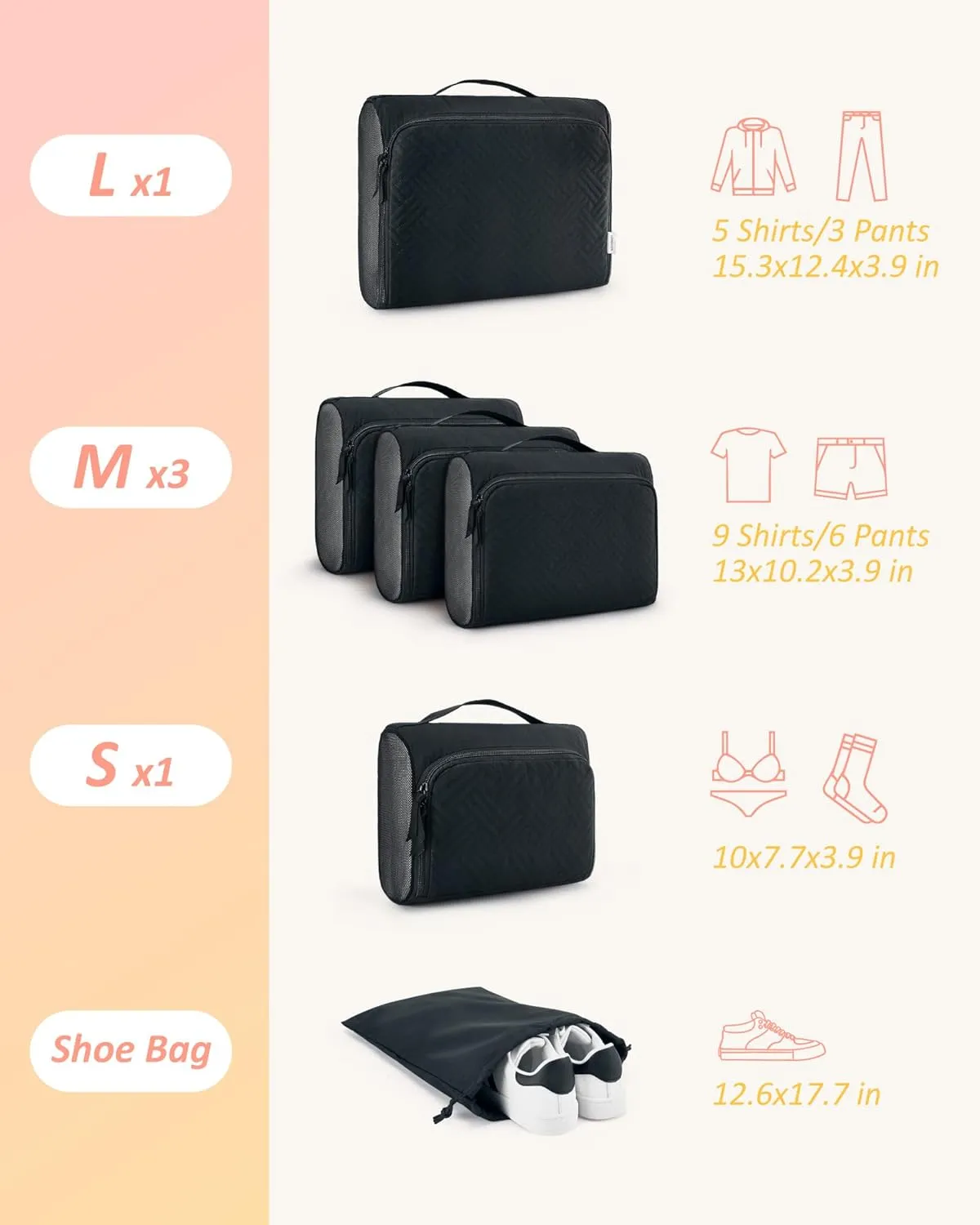 BAGSMART Quilted Packing Cubes for Travel, 6 Set Packing Cubes for Suitcases, Lightweight Travel Cubes (1 L 3 M 1 S 1 Shoe Bag) Suitcases Organizer, Black