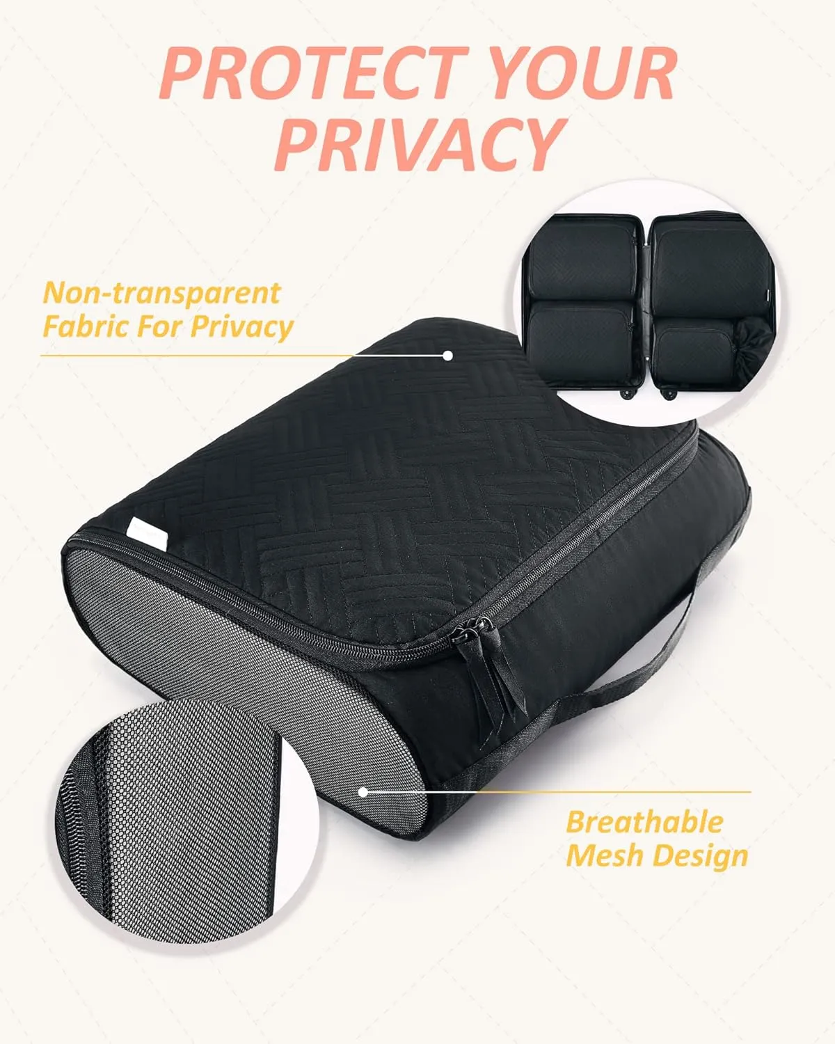 BAGSMART Quilted Packing Cubes for Travel, 6 Set Packing Cubes for Suitcases, Lightweight Travel Cubes (1 L 3 M 1 S 1 Shoe Bag) Suitcases Organizer, Black