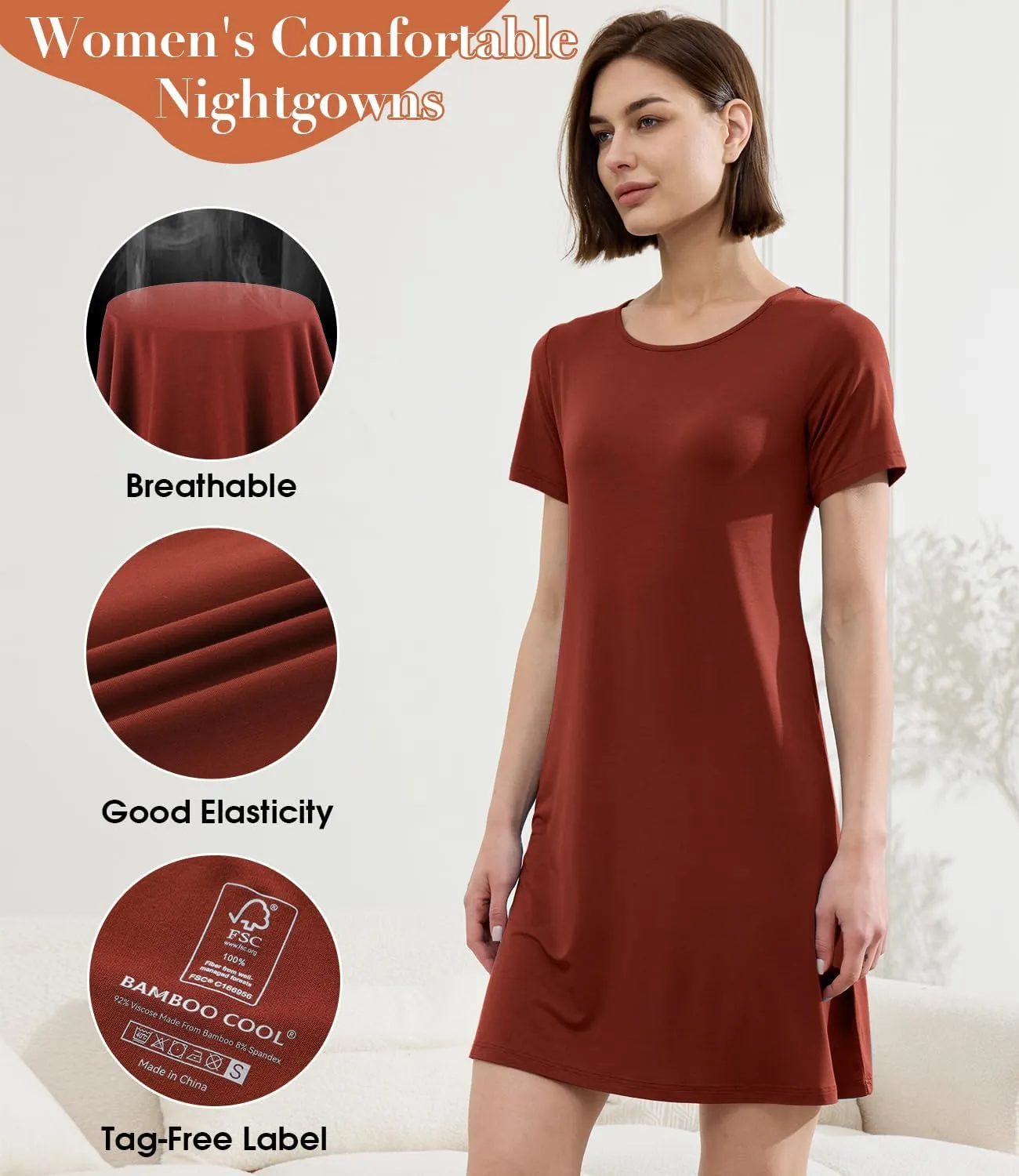 BAMBOO COOL Nightgowns for Women Sleepshirts Cute Short Sleeve Dress Pajamas Women's Soft Sleepwear