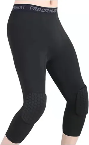 Basketball Pants with Knee Pads 3/4 Compression Leggings Capri Tights