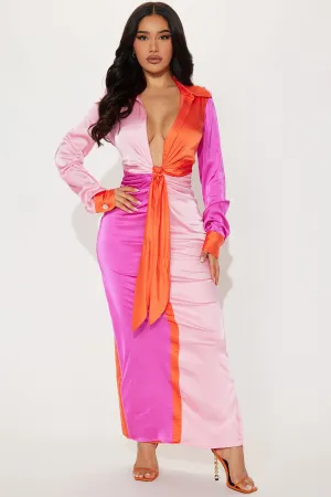 Beauty Secrets Satin Maxi Dress - Pink/combo