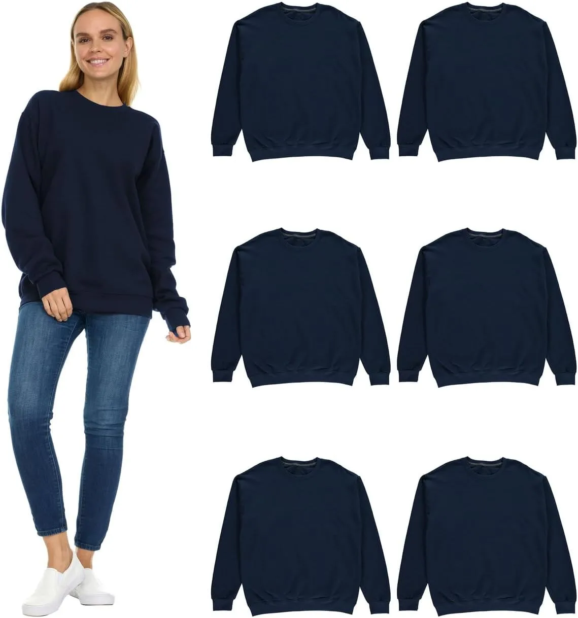 BILLIONHATS 6 Pack Womens Oversized Crew Neck Sweatshirt, Fleece Lined, Bulk Wholesale Sweatshirts for Charities & Events