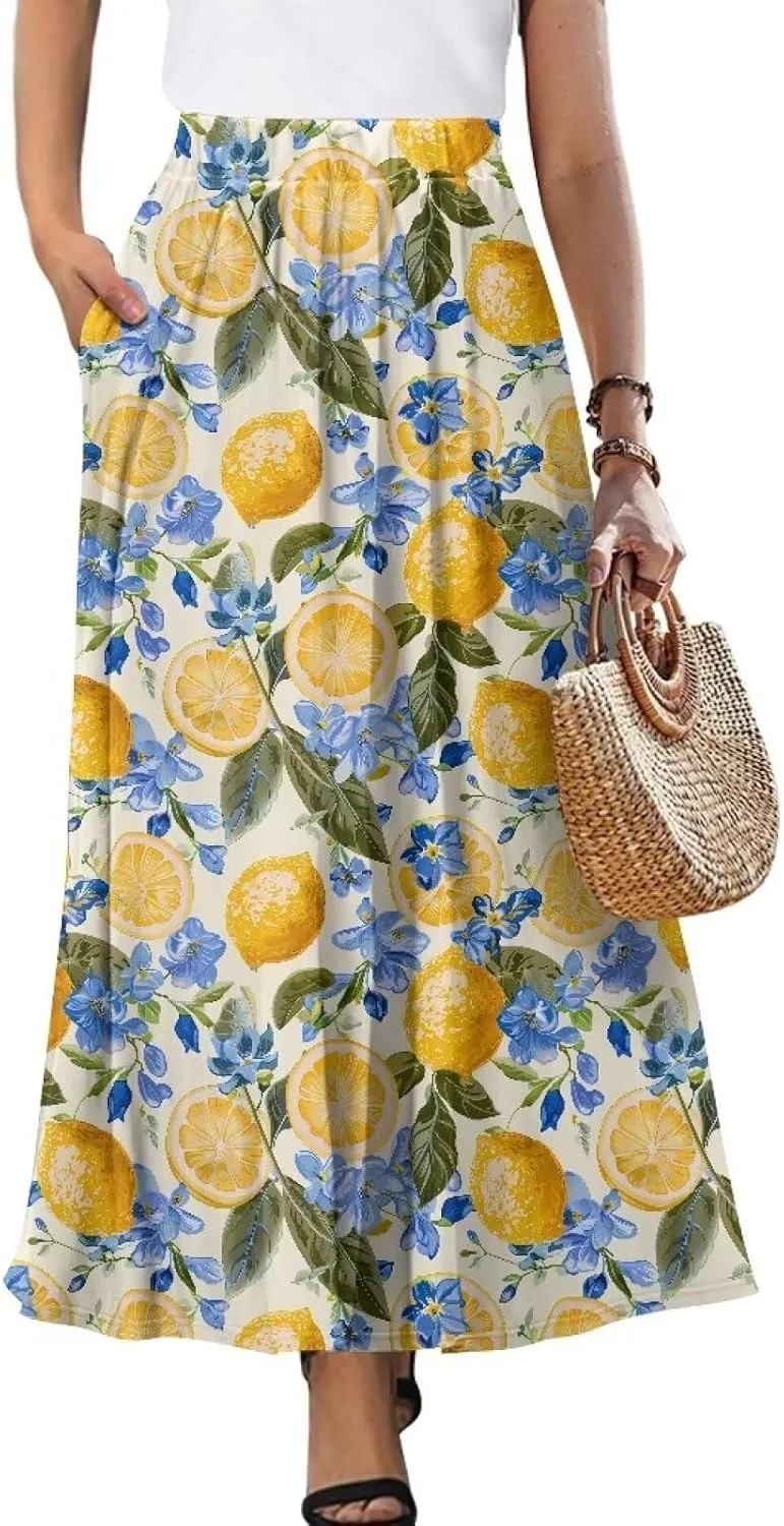 Biyejit Maxi Skirts for Women with Pockets Casual Long Skirt Midi Length Casual Skirt for Beach Party Holiday