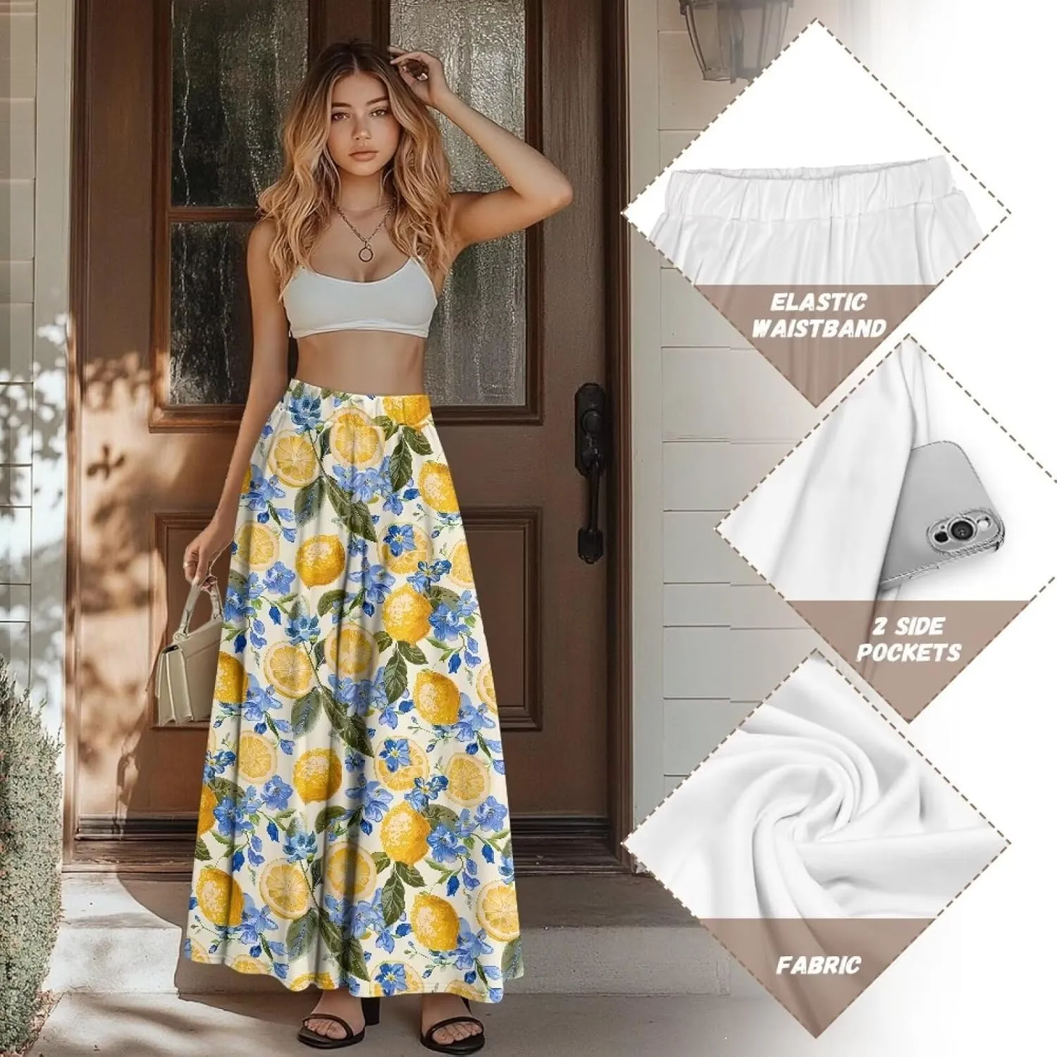 Biyejit Maxi Skirts for Women with Pockets Casual Long Skirt Midi Length Casual Skirt for Beach Party Holiday