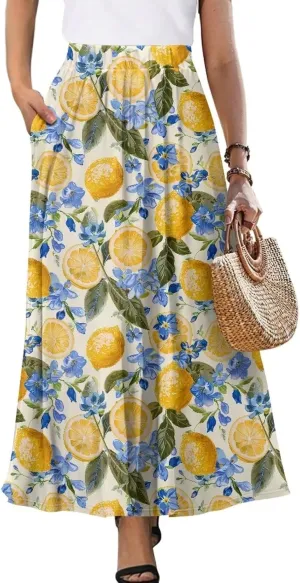 Biyejit Maxi Skirts for Women with Pockets Casual Long Skirt Midi Length Casual Skirt for Beach Party Holiday