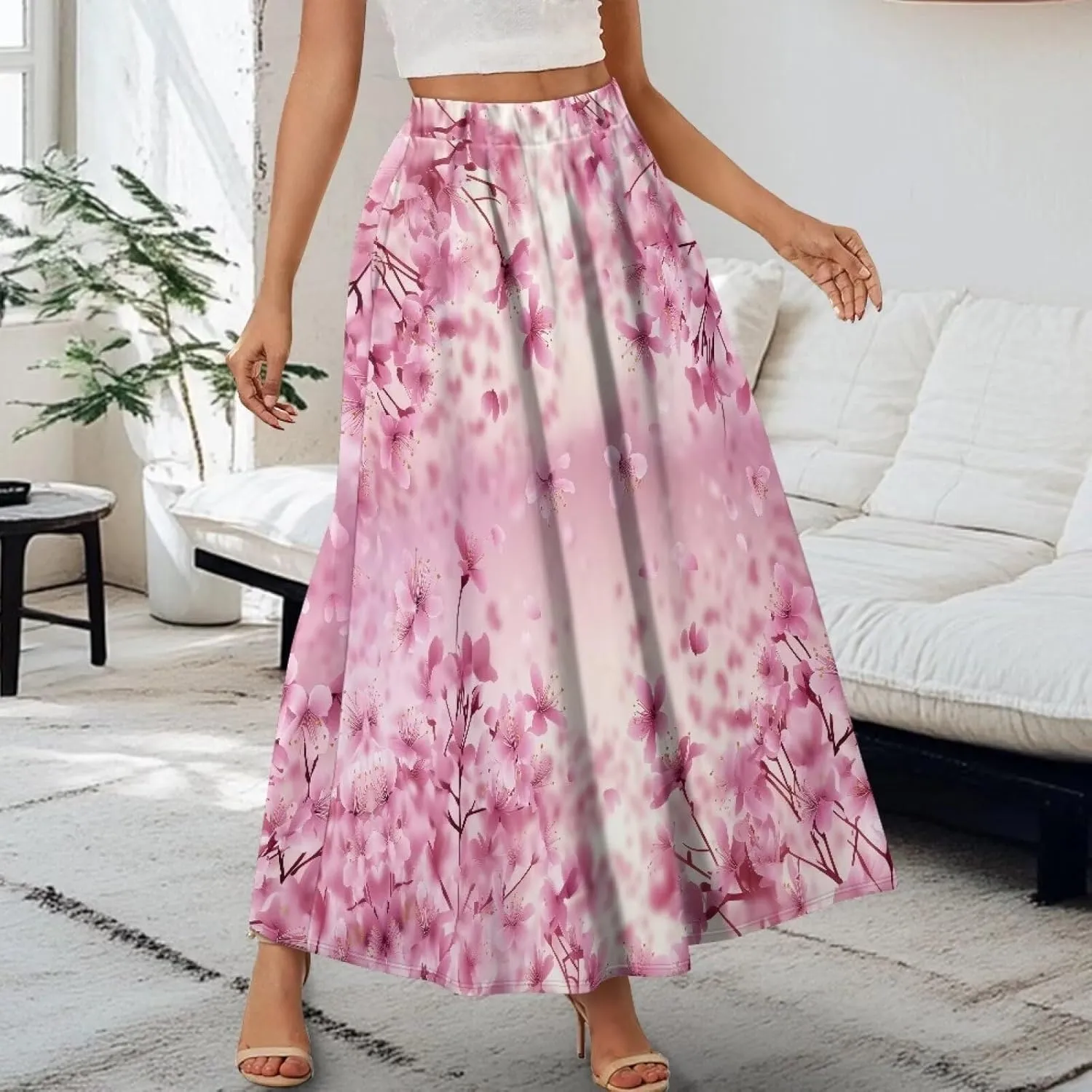 Biyejit Women Flowy Long Skirts Summer Fall Pleated Elastic High Waisted Casual Maxi Skirts with Pockets Plus Size