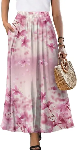 Biyejit Women Flowy Long Skirts Summer Fall Pleated Elastic High Waisted Casual Maxi Skirts with Pockets Plus Size