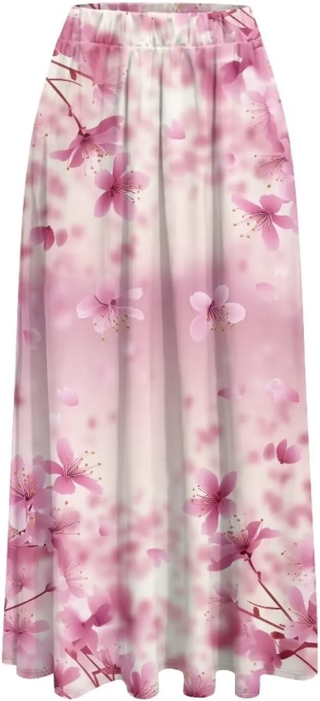 Biyejit Women Flowy Long Skirts Summer Fall Pleated Elastic High Waisted Casual Maxi Skirts with Pockets Plus Size