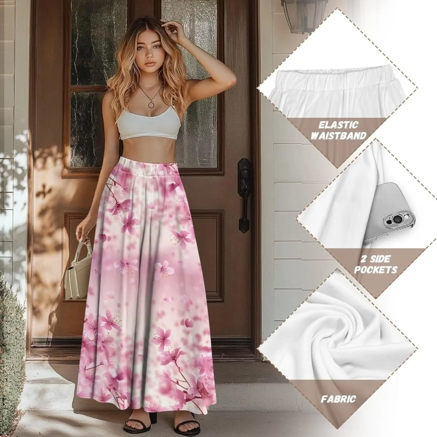 Biyejit Women Flowy Long Skirts Summer Fall Pleated Elastic High Waisted Casual Maxi Skirts with Pockets Plus Size